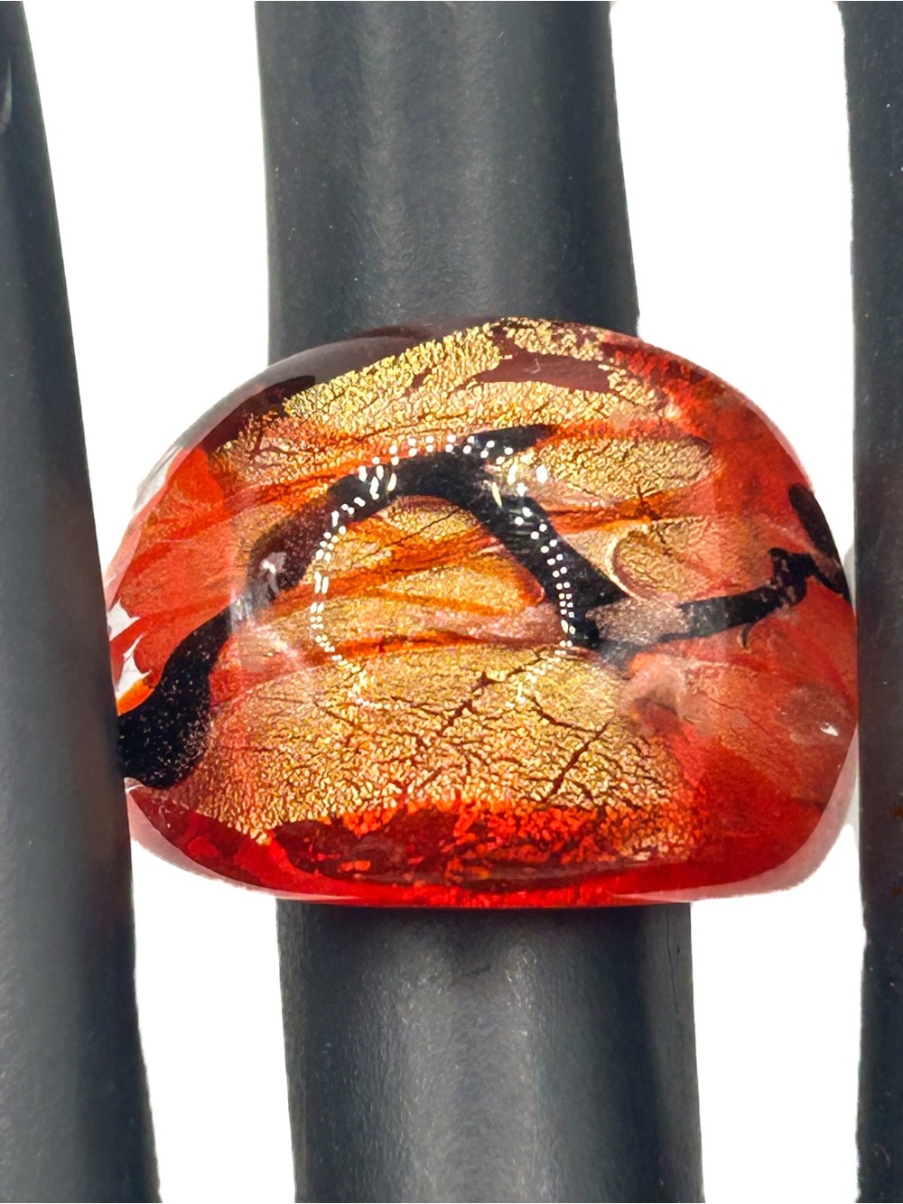 Vintage Murano Style Art Glass Dome Ring, Red Black Swirl w/ Gold Foil Size 6.25